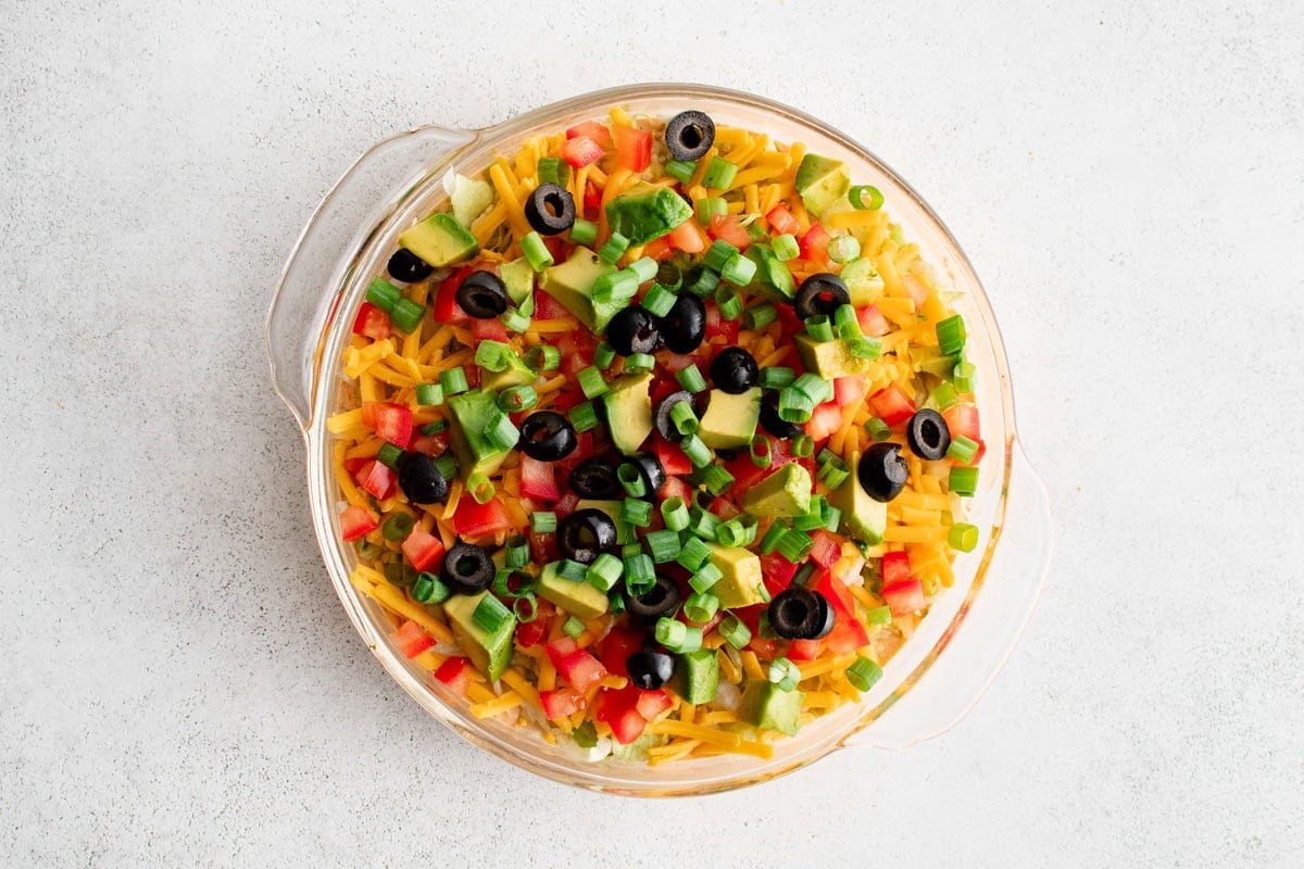 Skinny taco dip in a round dish.