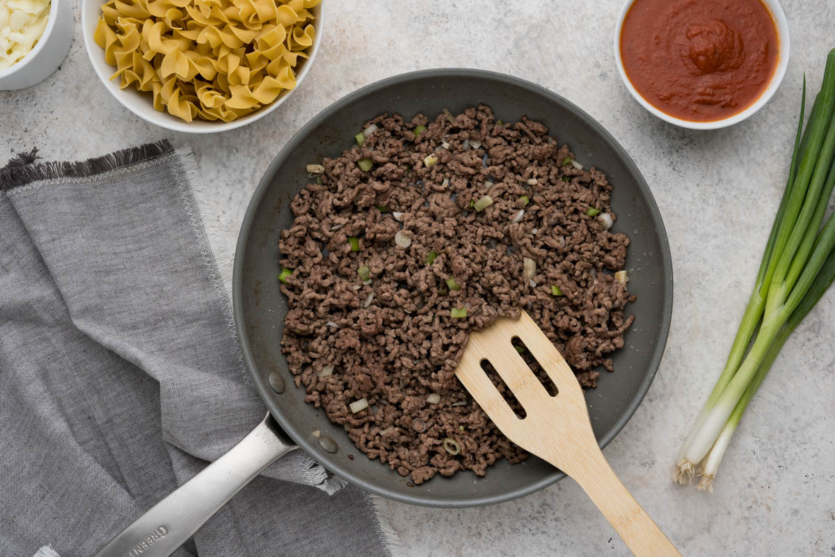 cooked ground beef in a skillet.