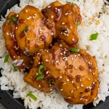 Chicken thighs with sesame seeds and sliced green onions over white rice.
