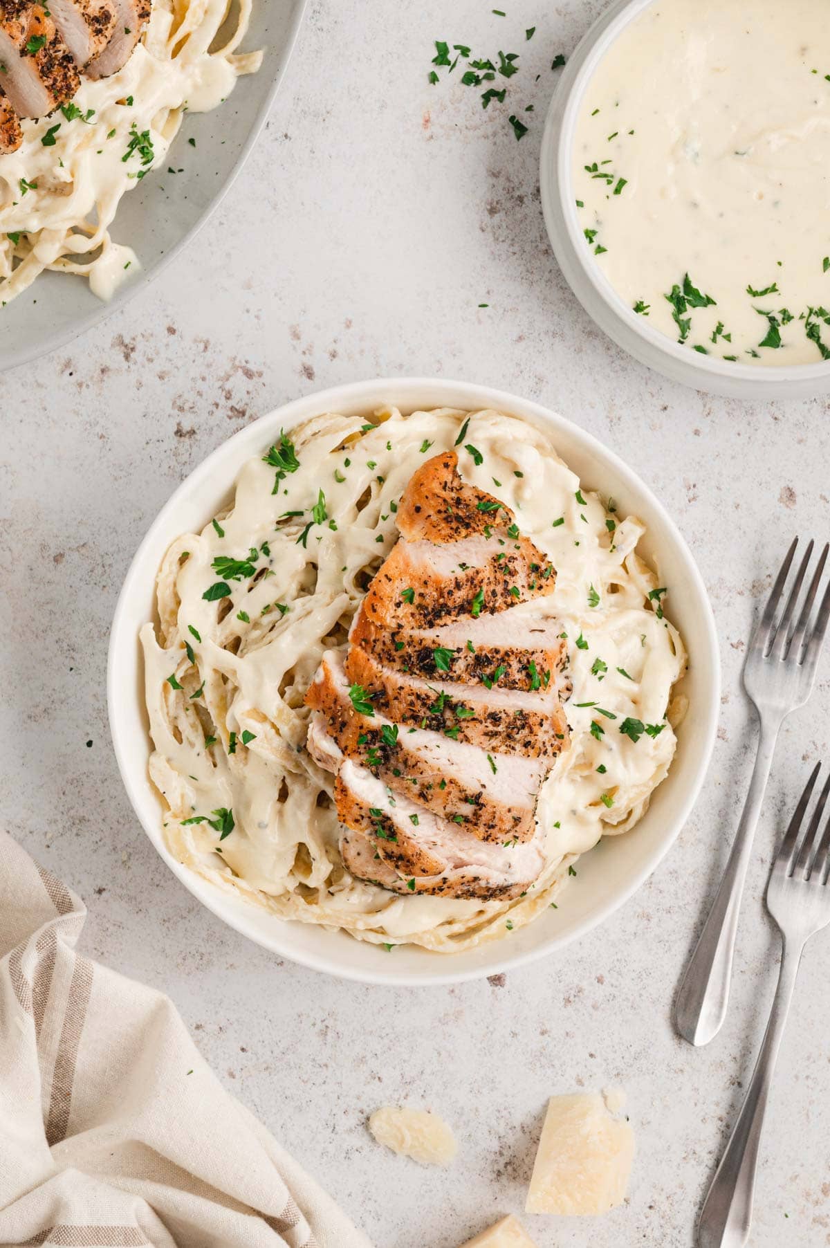 Chicken alfredo in a bowl