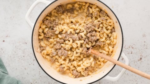 Macaroni and ground beef with melted cheeses.