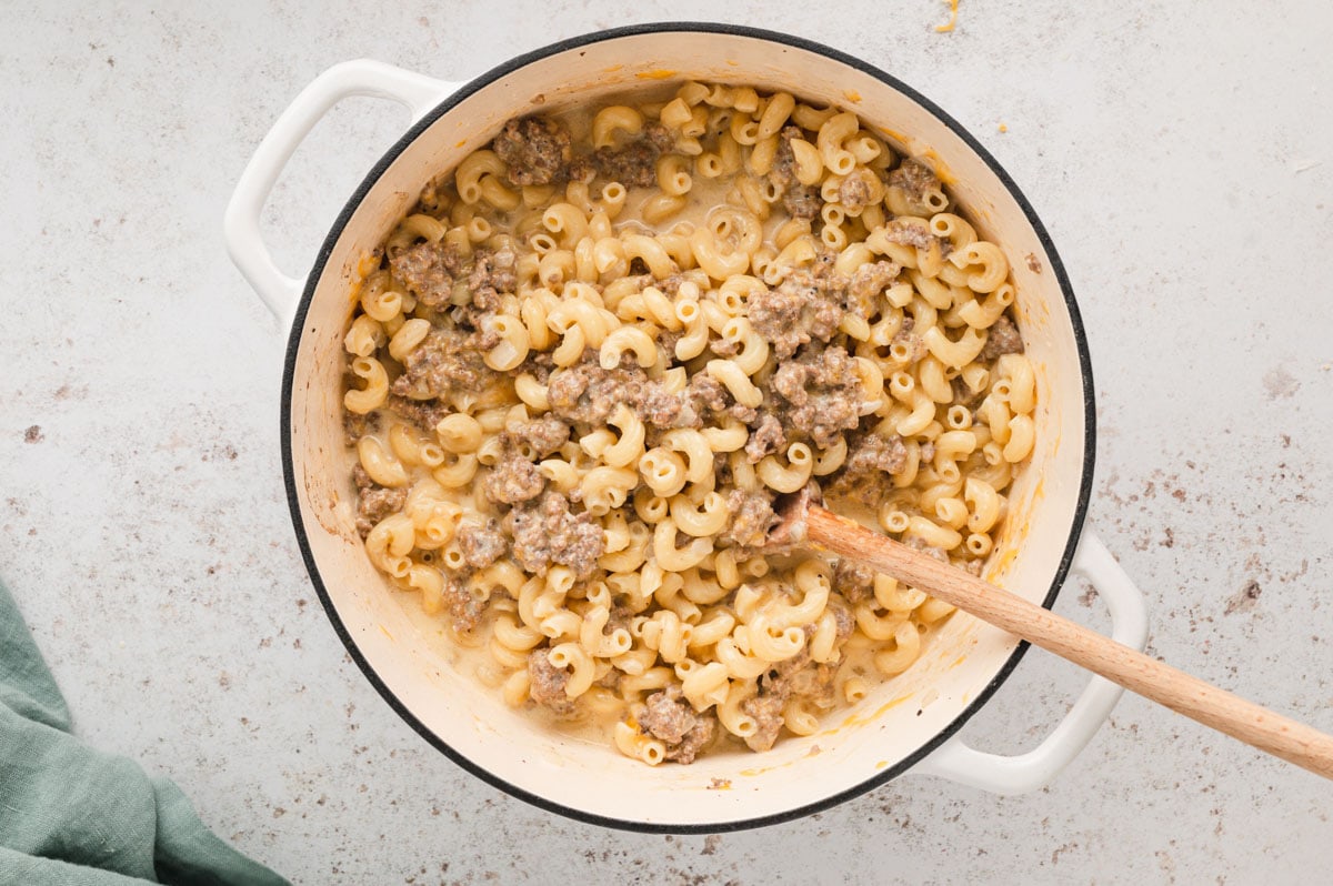 Macaroni and ground beef with melted cheeses.