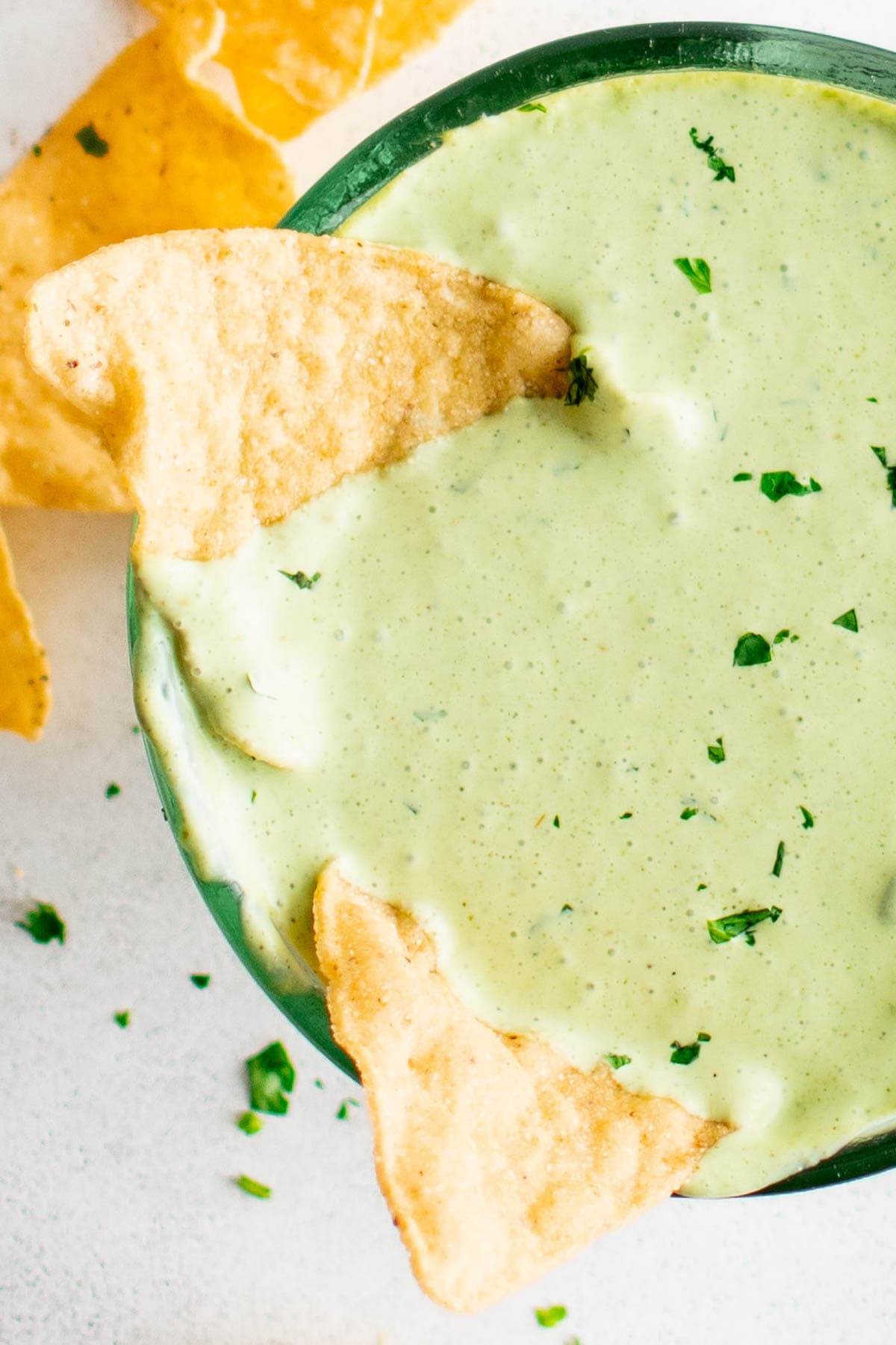 Bowl of jalapeno ranch with tortilla chips