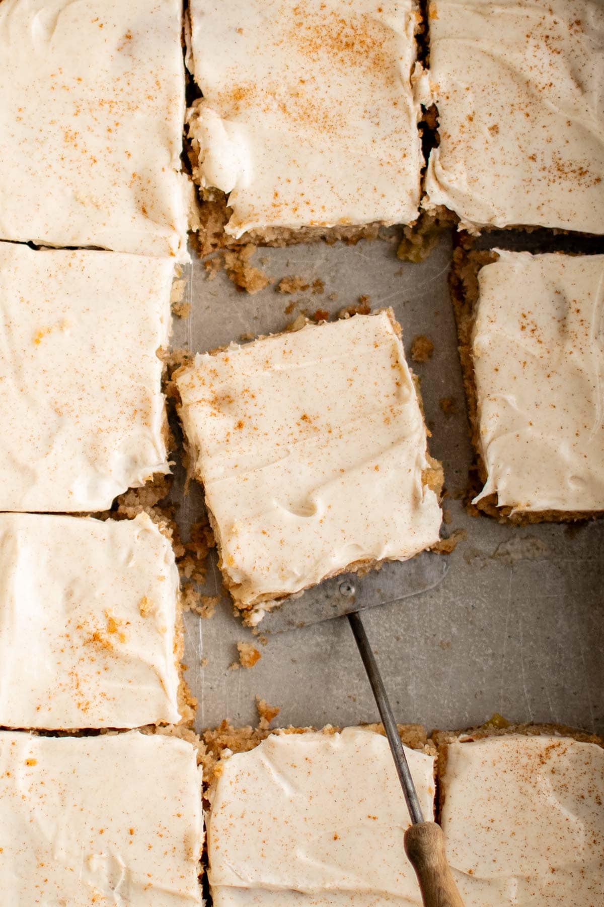 Cake in a pan, sliced into squares 