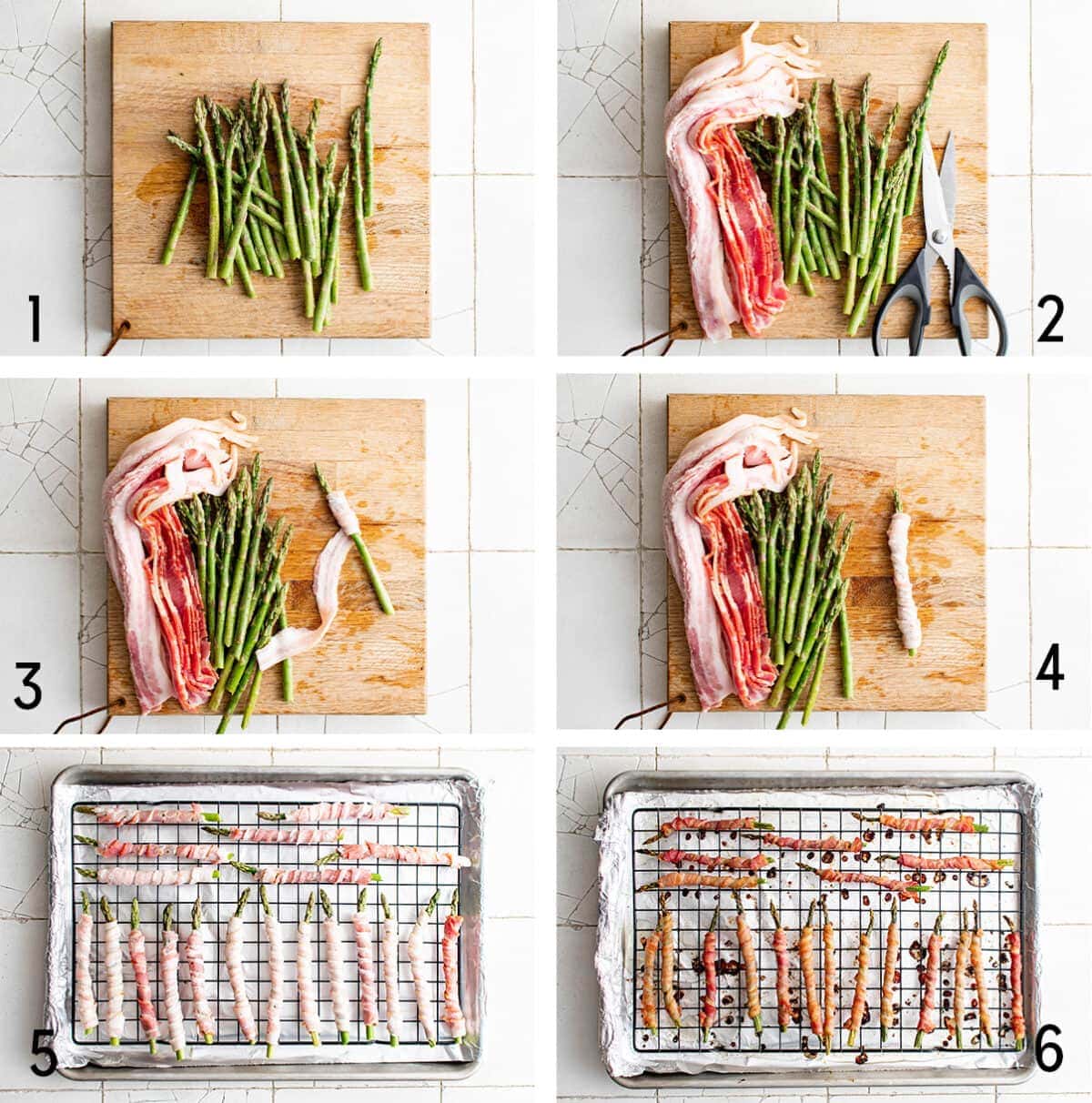 Collage of images showing how to make bacon wrapped asparagus.