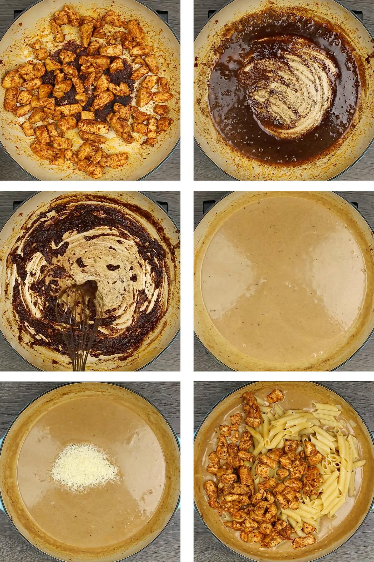 Collage of images depicting the steps for making cajun chicken pasta.