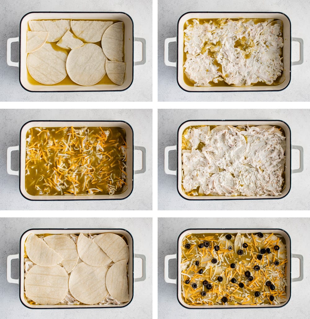 Collage with images that depict how to assemble a chicken enchilada casserole.