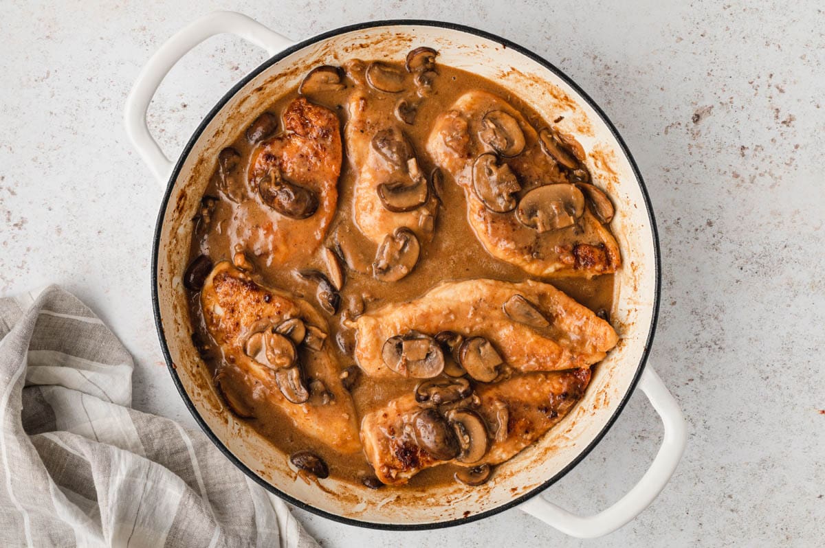 Chicken cutlets, brown sauce, mushrooms, in a large cream colored pan.