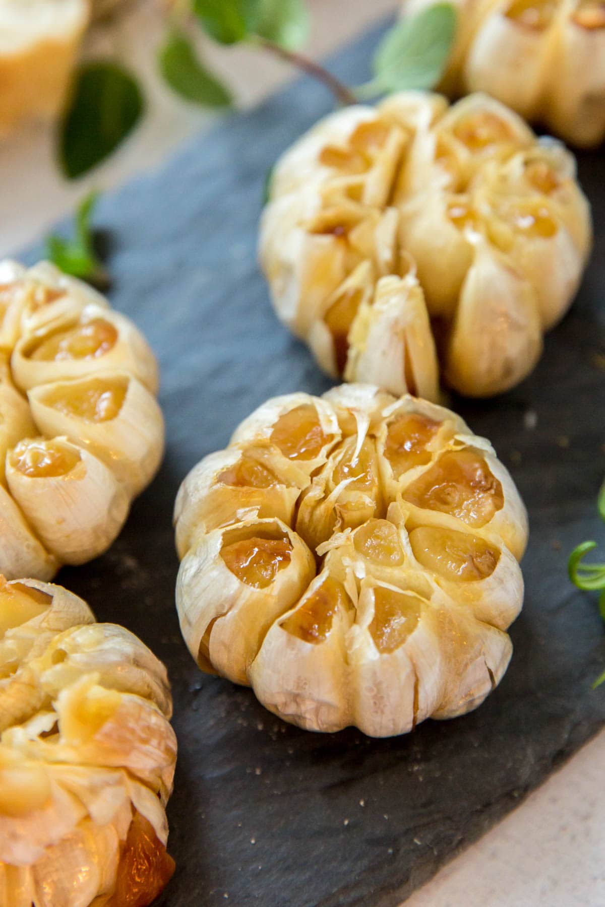 Whole head of roasted garlic on a black slate.