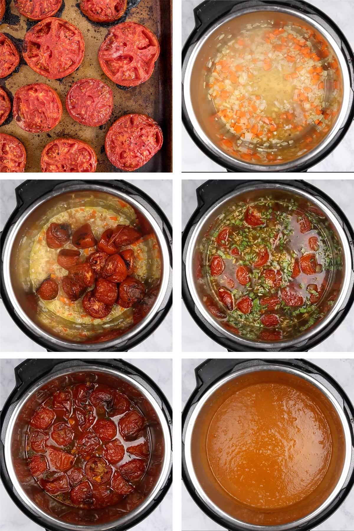Collage of 6 images depicting the steps for making tomato soup in an instant pot.