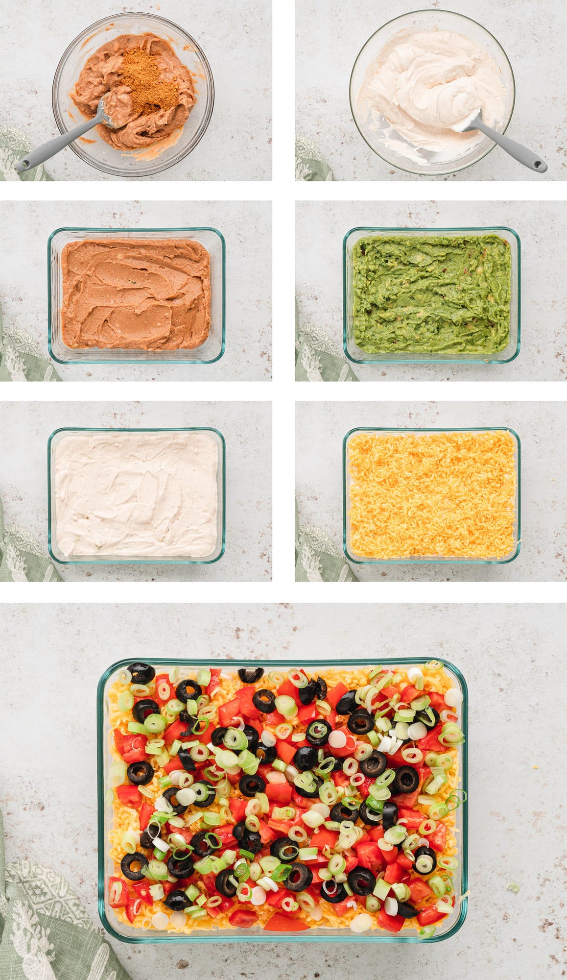 Collage of images showing the layers being added in a 7 layer dip.