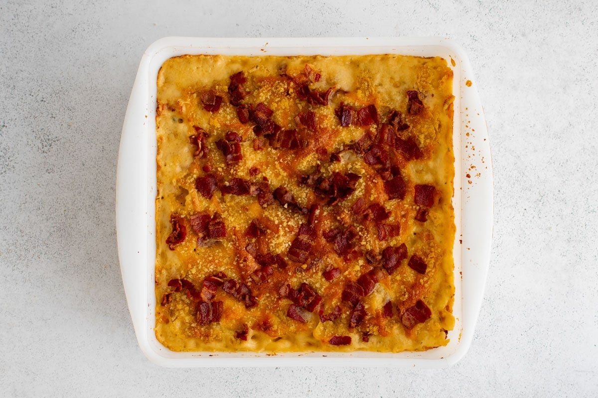 Baked mac and cheese with bacon.