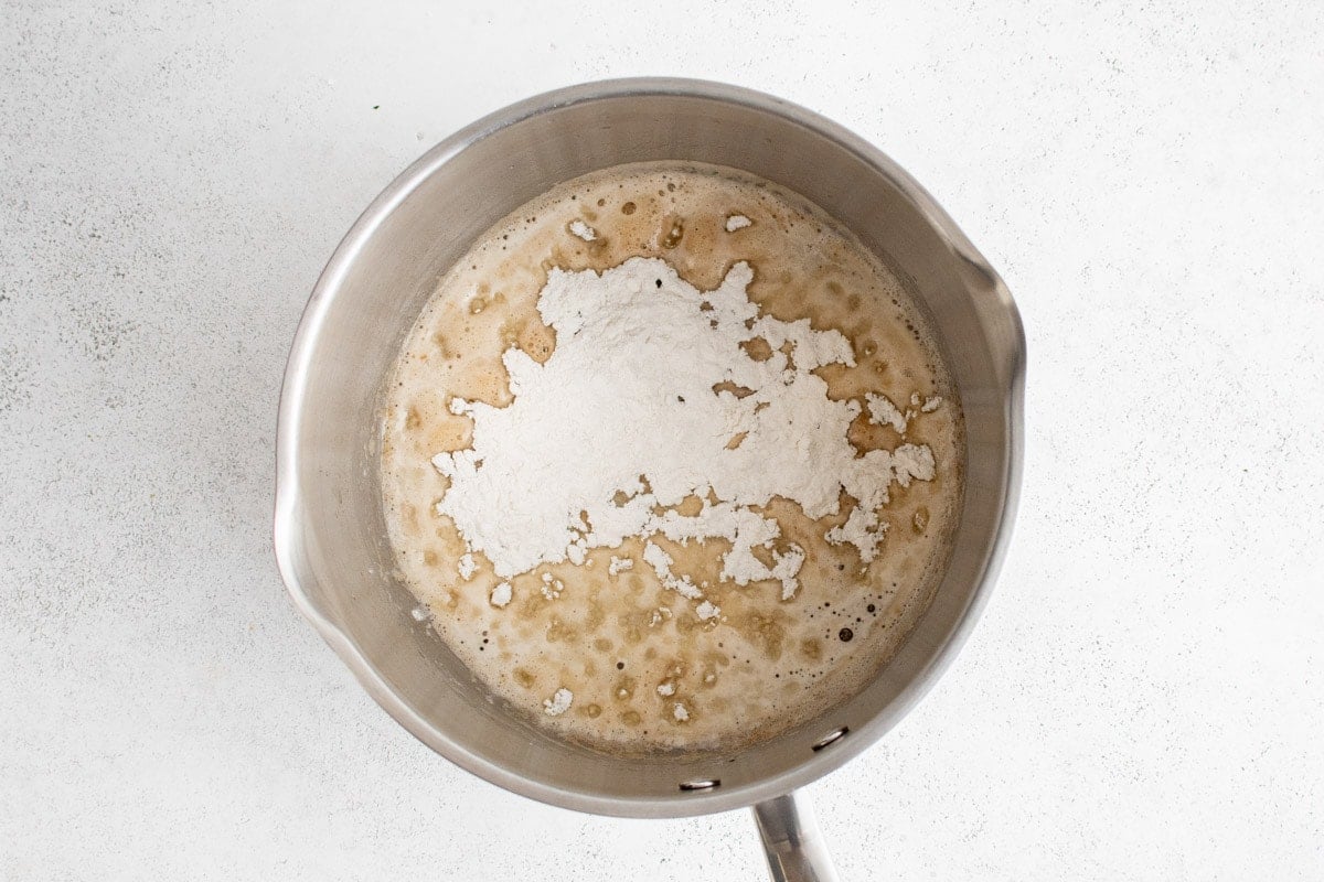 Melted butter and flour in a saucepan.