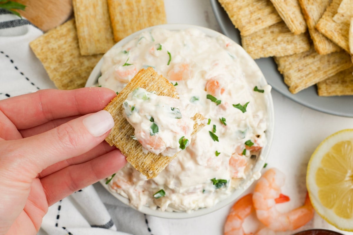 Hand holding a cracker with a creamy dip.