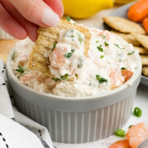 Cream shrimp dip and a triscuit cracker.