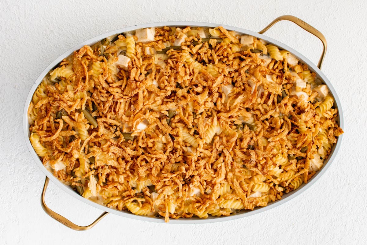 Baking dish with crispy fried onions on top.