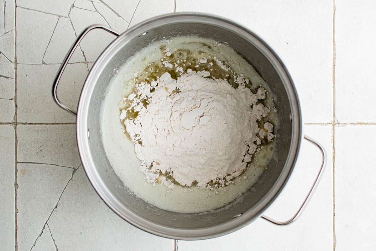 Flour and melted butter in a metal pot.