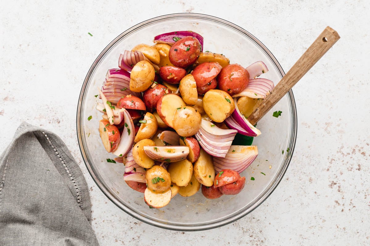 Bowl of potatoes and onions.