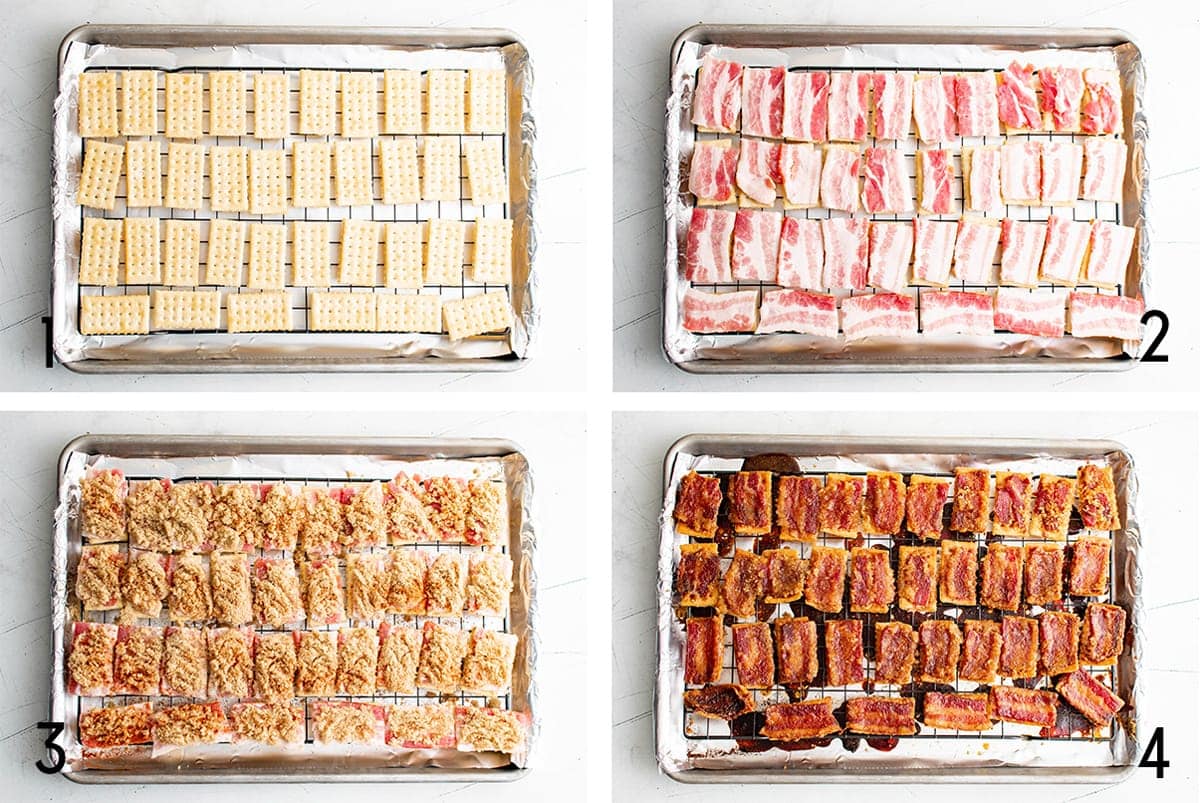 Collage of images showing how to make bacon crackers.