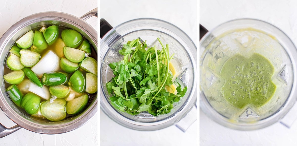 3 photos depicting the process of making a green tomatillo chile sauce, showing the boiling, then blending in a blender and then the finished green sauce.