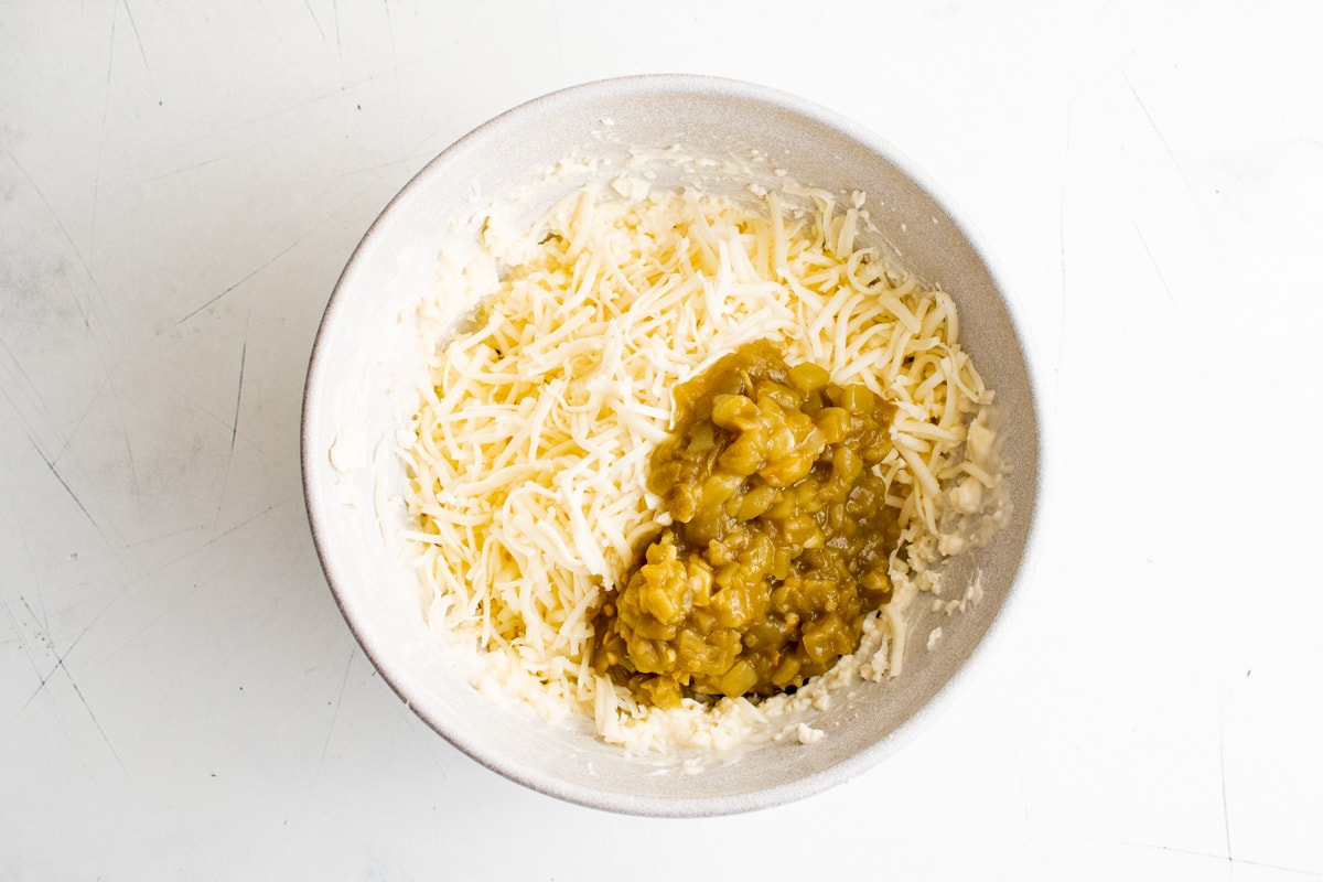 butter, mayo, mixed together, then shredded cheese and green chiles added. All in a small bowl.