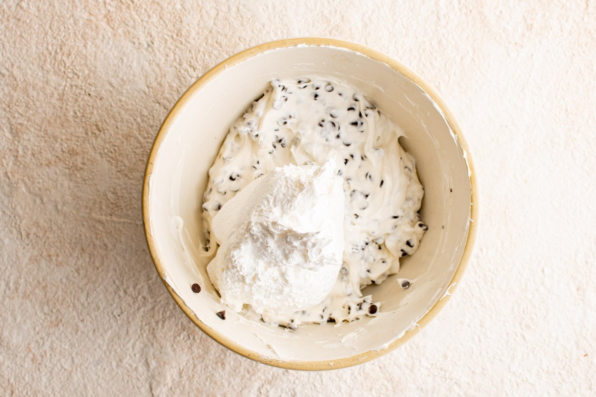 Chocolate chip dip in a bowl.