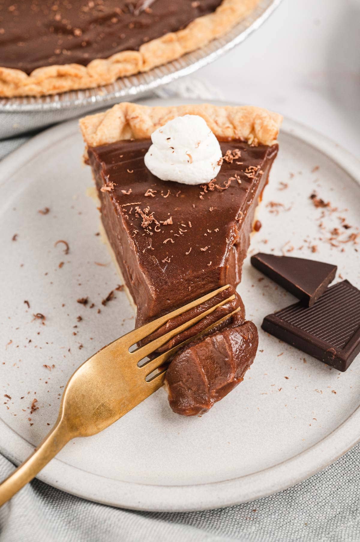 Slice of chocolate pie on a small plate with a fork.