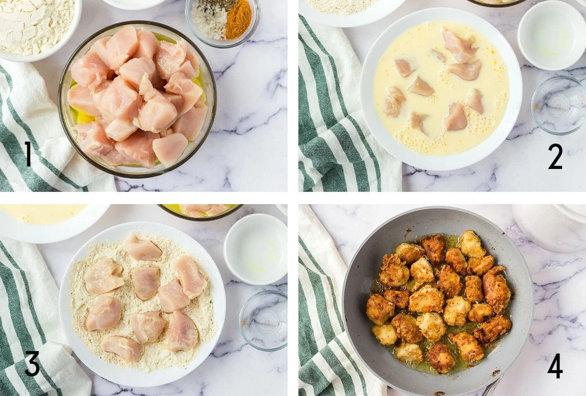 Collage of images showing how to make chicken nuggets. 