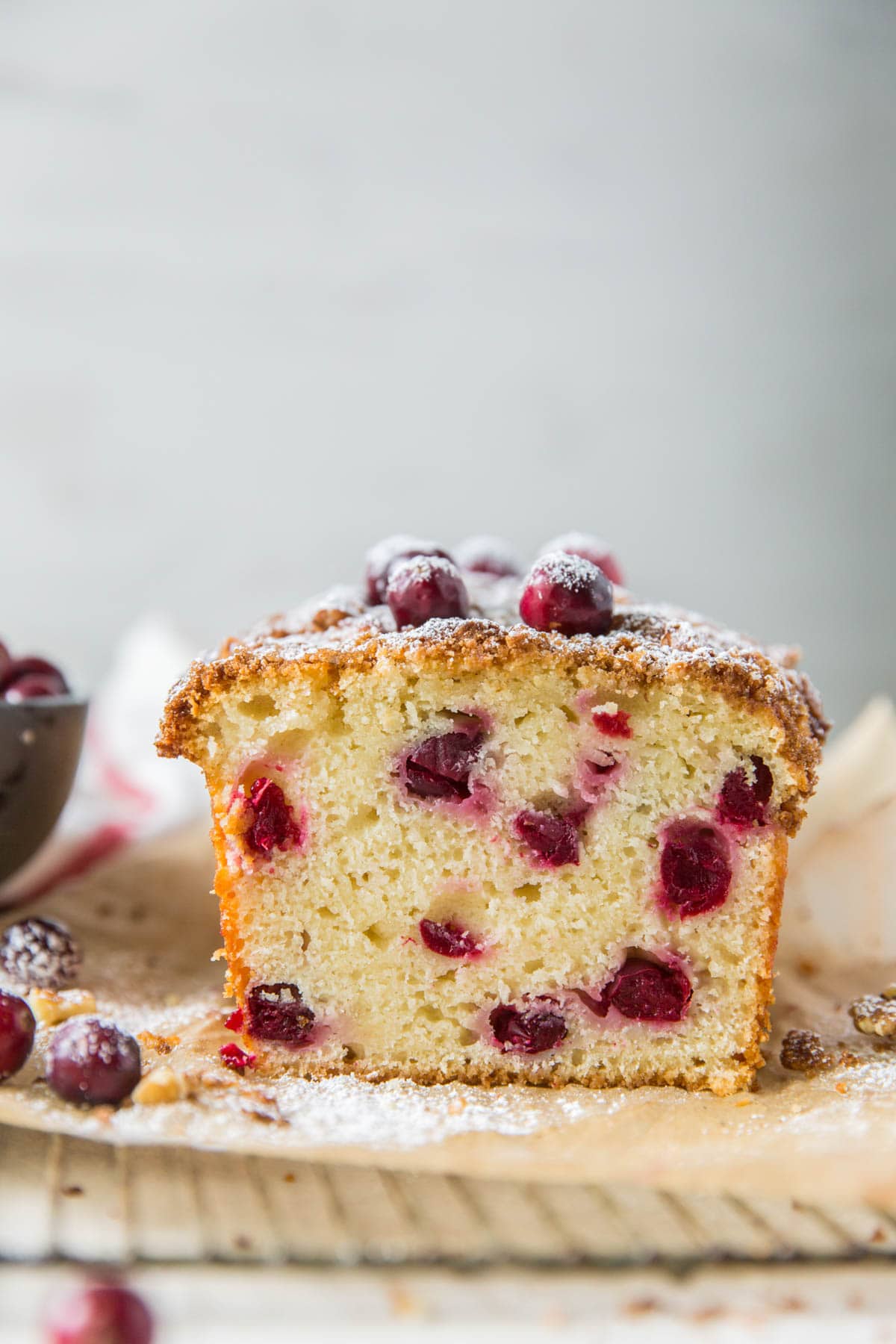 side view of a loaf of cranberry bread.