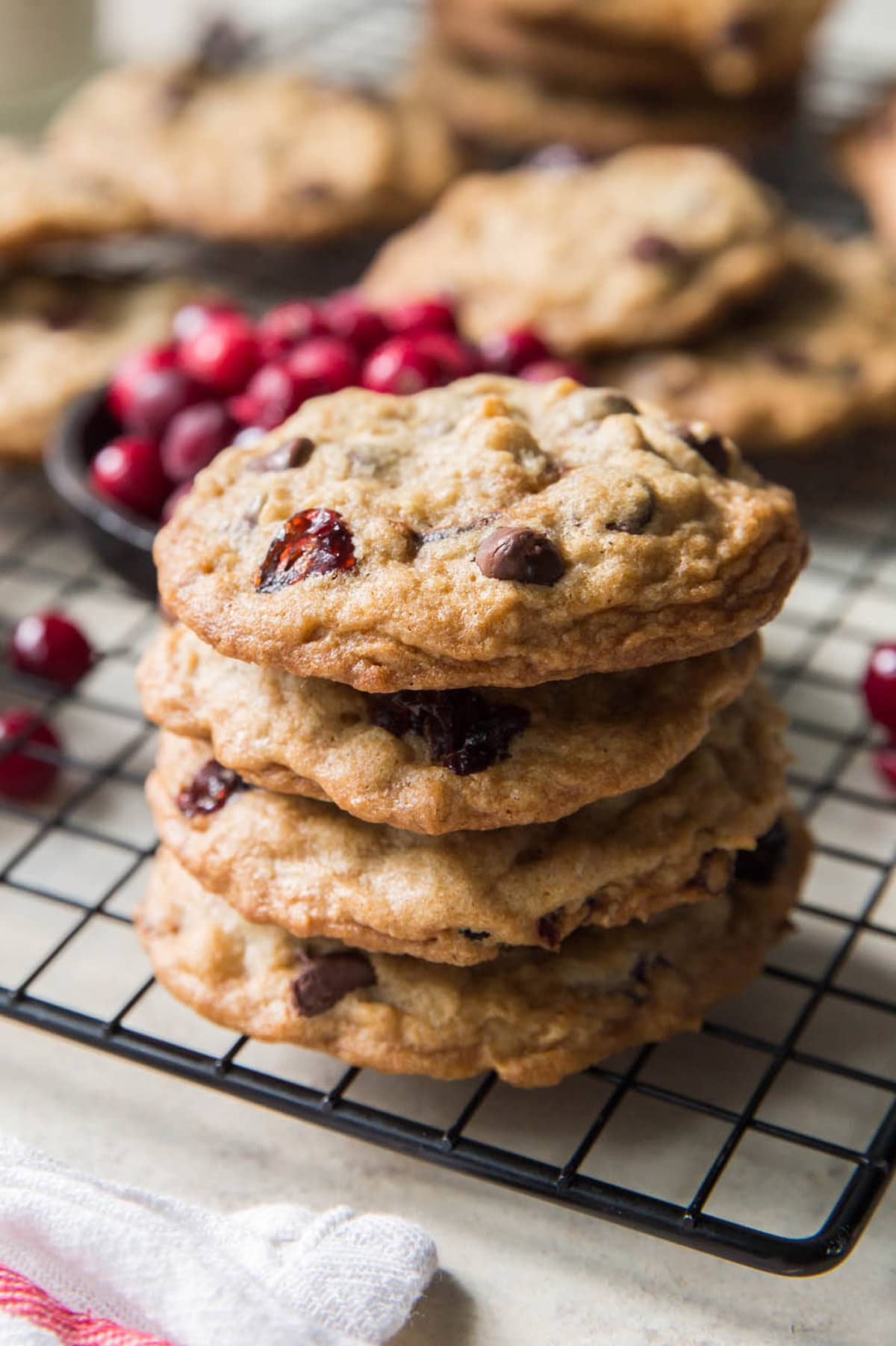 Stack of cranberry chocolate chip cookies.