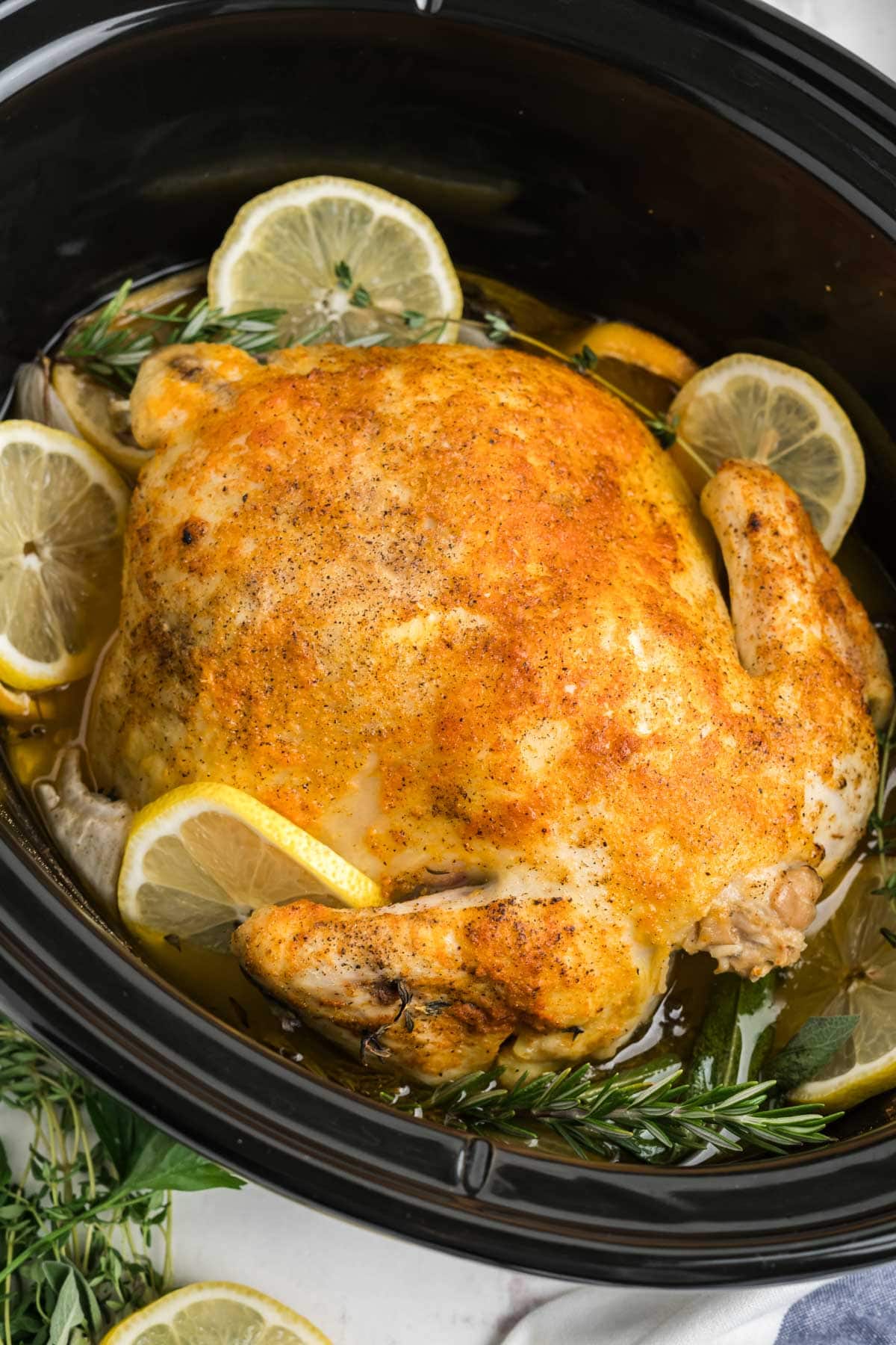 whole chicken with sliced lemons and herbs in a crock pot.