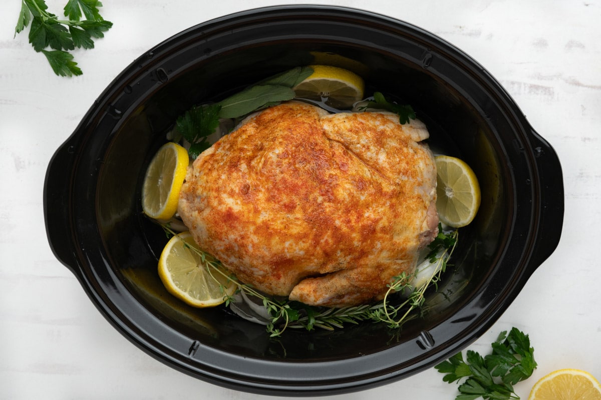 whole chicken with spice rub in a crock pot, lemon slices and onions.