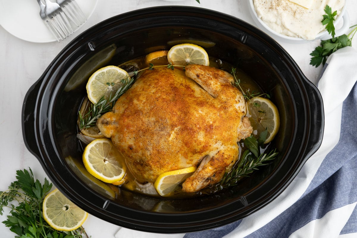Cooked rotisserie style chicken in a slow cooker.