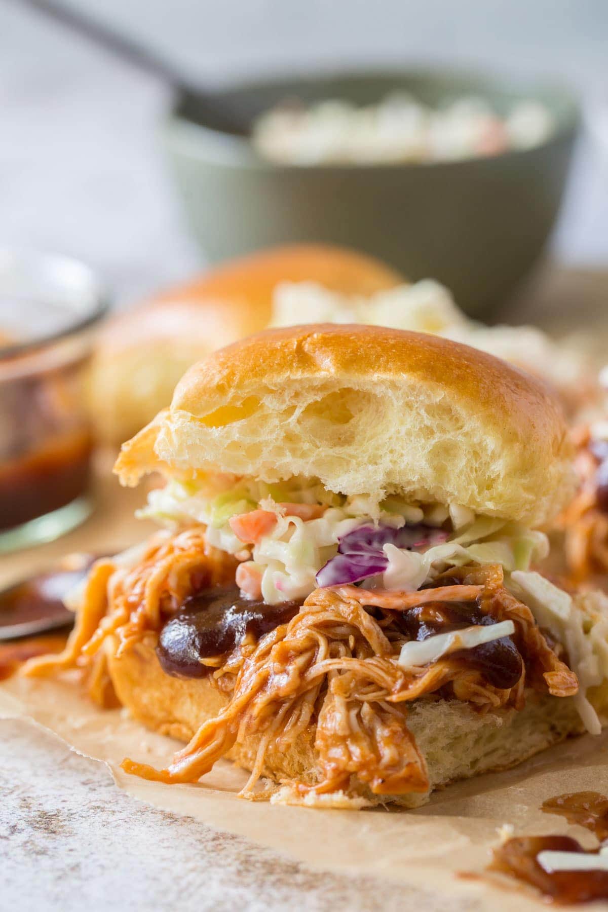 bbq chicken sliders with coleslaw