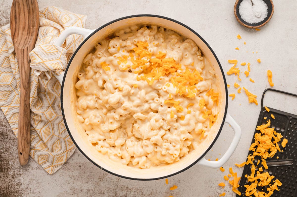 Macaroni and cheese in a large pot.