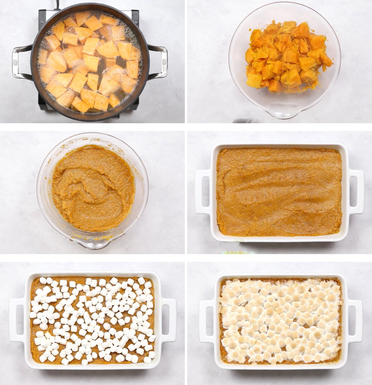 Images showing the process of making sweet potato casserole.