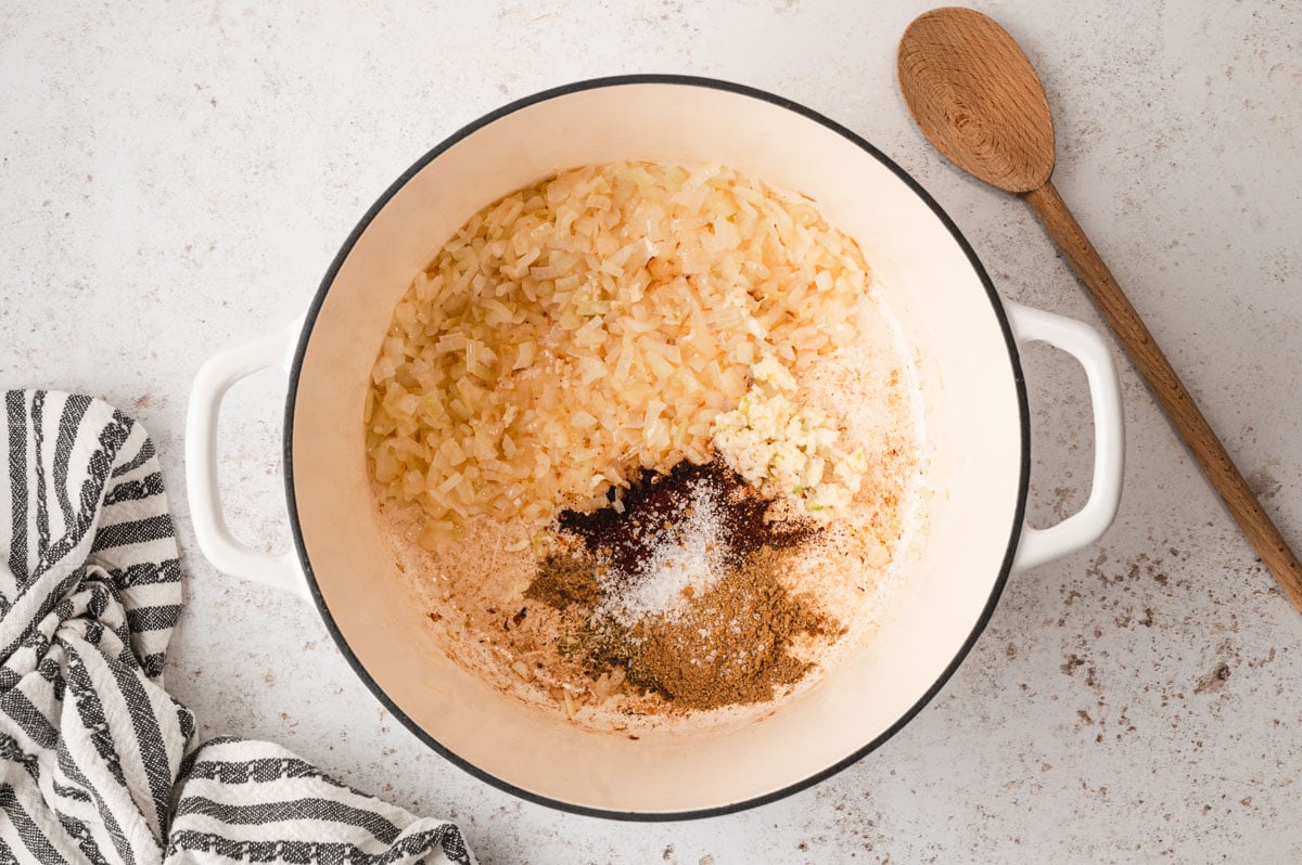 onions and seasonings cooked in a pot.