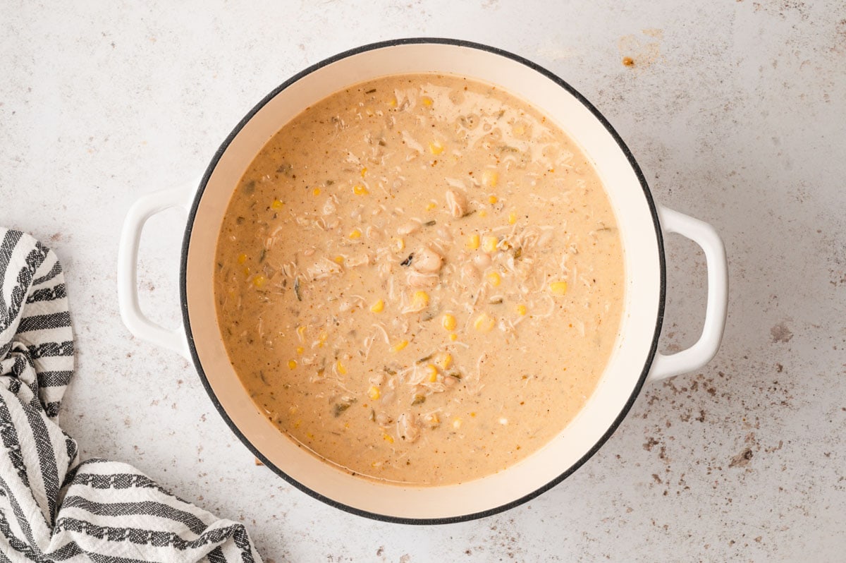 White chicken chili in a large soup pot.