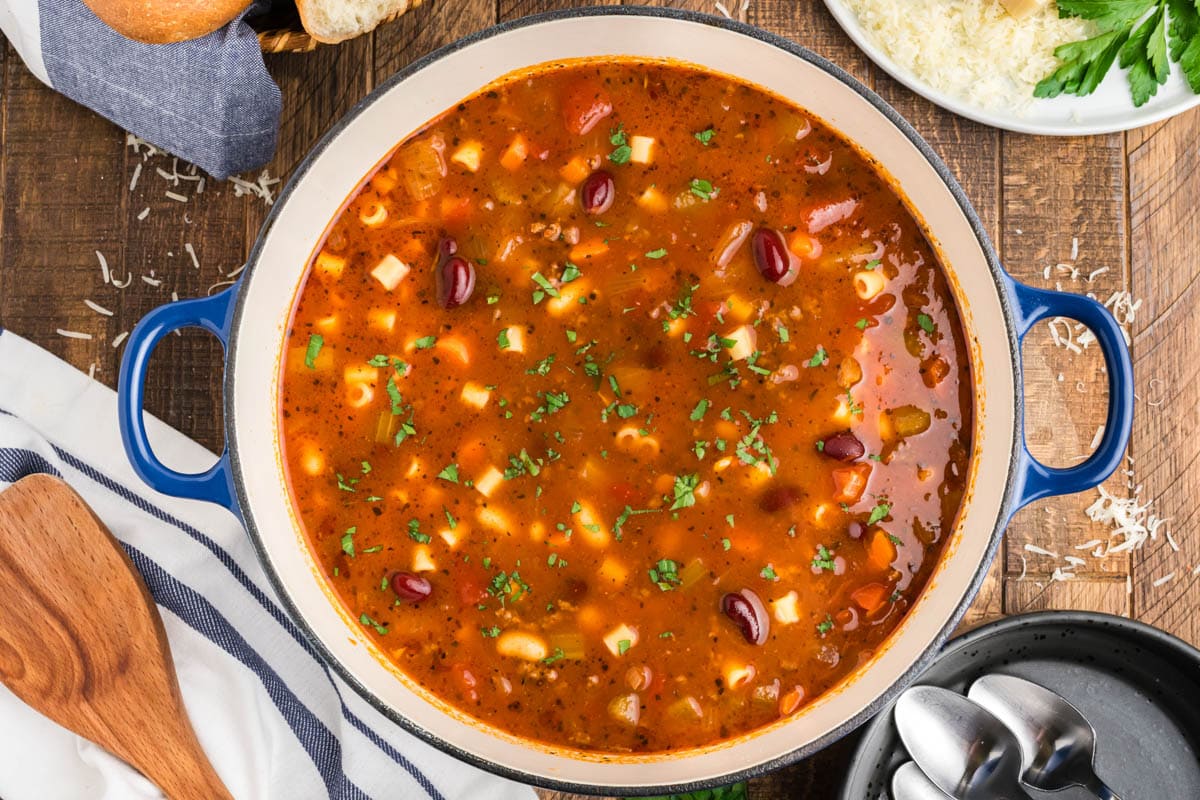 Soup pot with pasta fagioli soup.