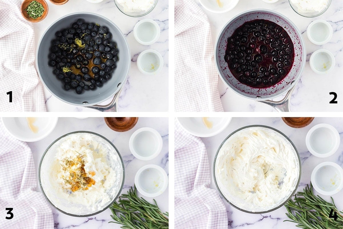 Collage of steps to make blueberry goat cheese.