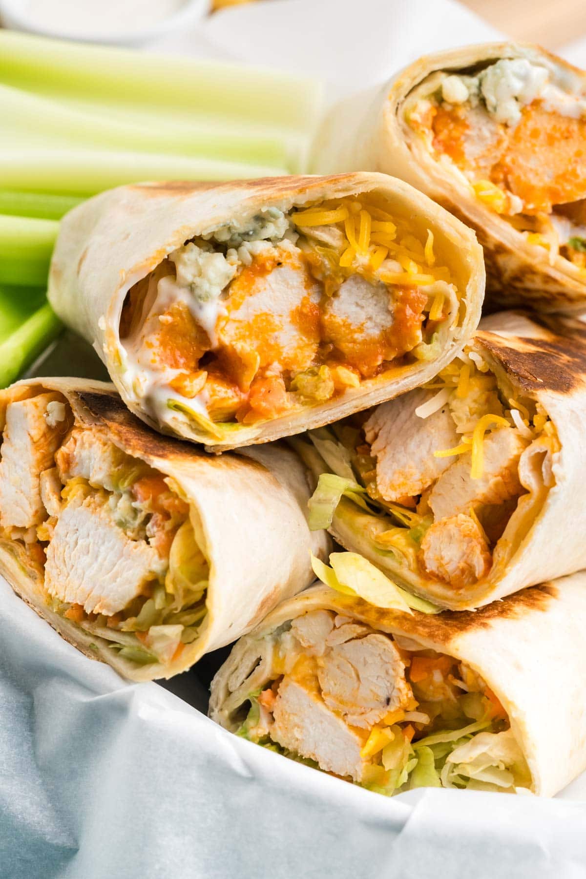 Stack of 5 buffalo chicken wraps.