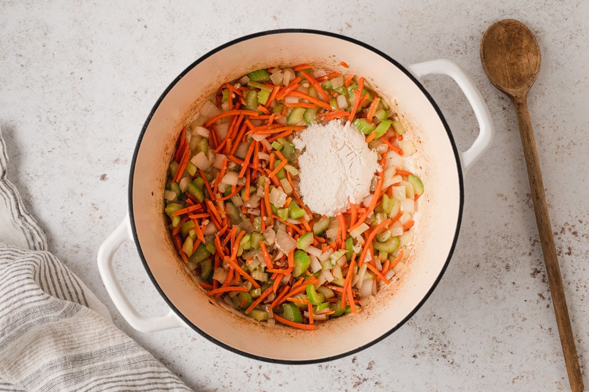 Sauteed veggies and flour in a large soup pot.