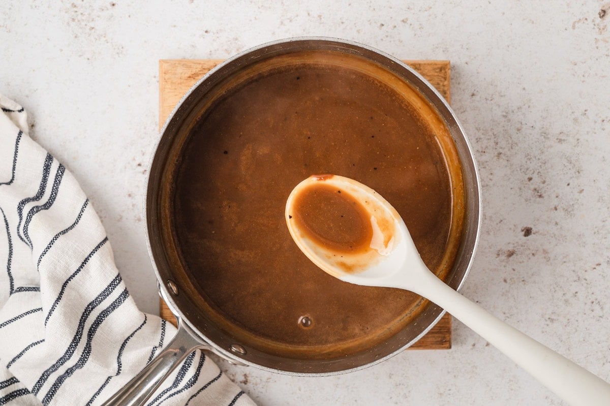 Brown gravy in a skillet.