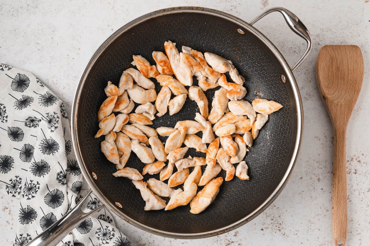 Pieces of chicken berast cooked in a skillet.