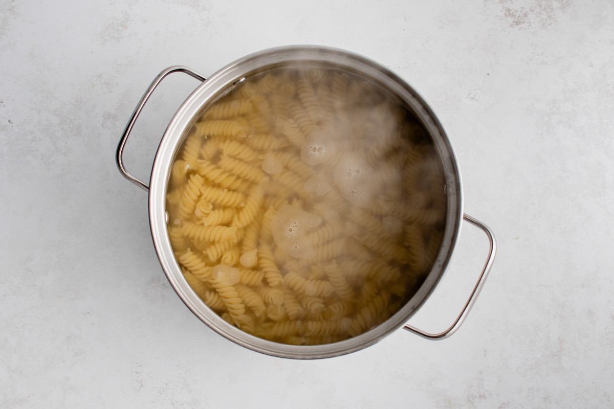 Rotini pasta in boiling water.