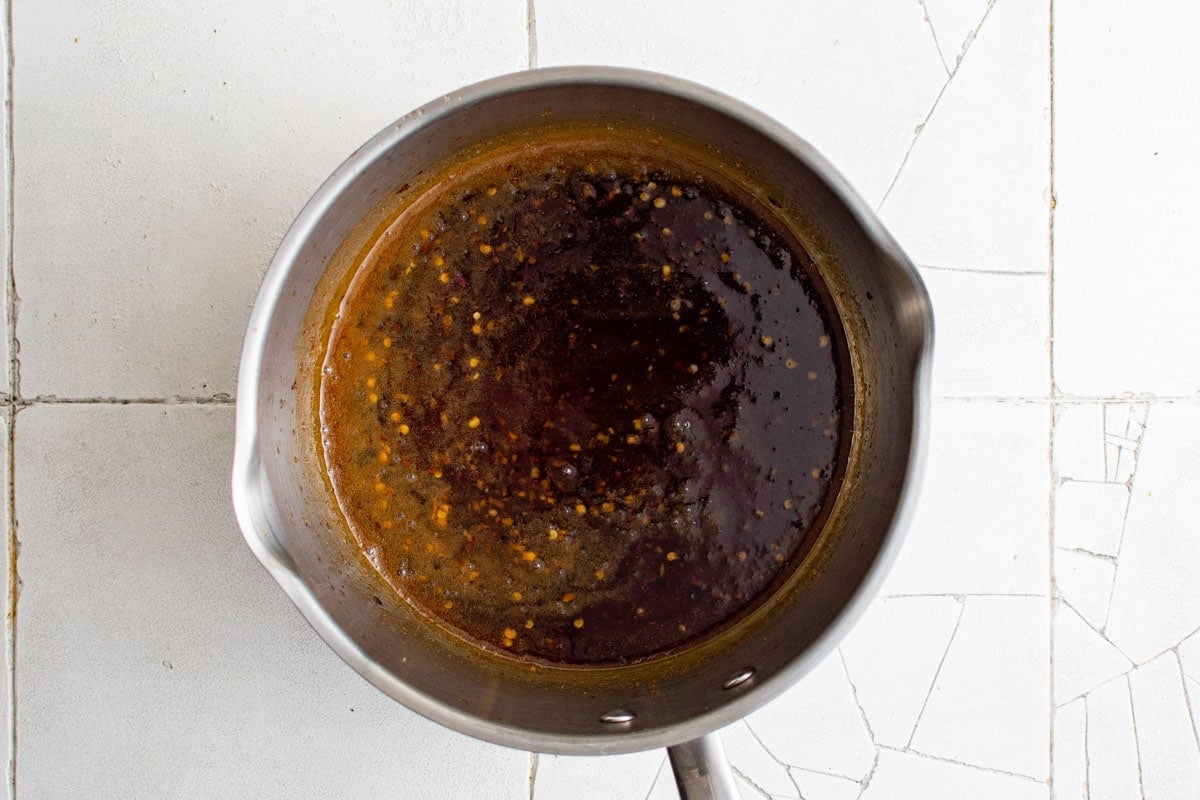 honey garlic sauce in a saucepan.