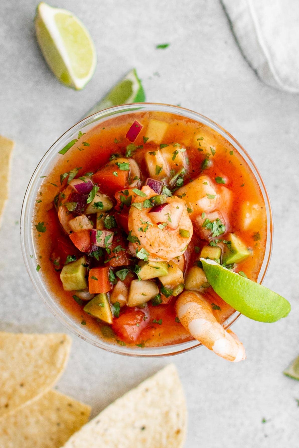 mexican shrimp cocktail in a martini glass