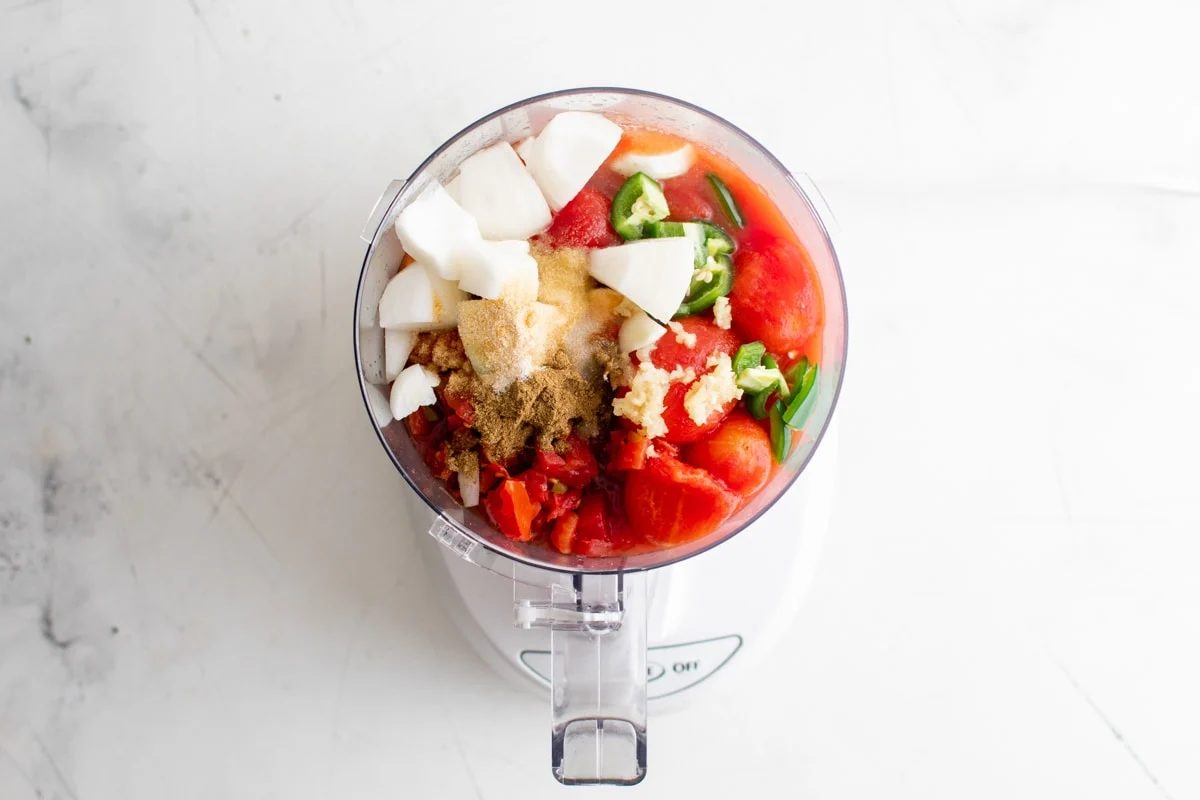 onions, tomatoes, jalapeno, seasonings in a food processor