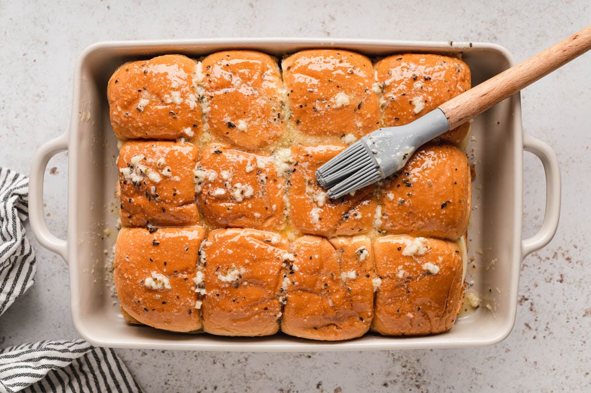 Tops of slider buns brushed with melted butter.