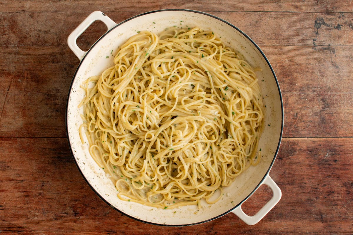 Tossed linguine with fresh herbs and cheese. 
